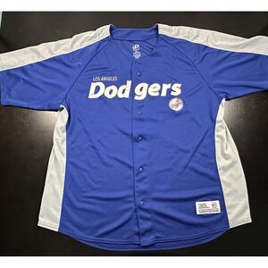 DYNASTY Dodgers Los Angeles Royal Blue 2XL Spellout Short Sleeve Button Jersey‎